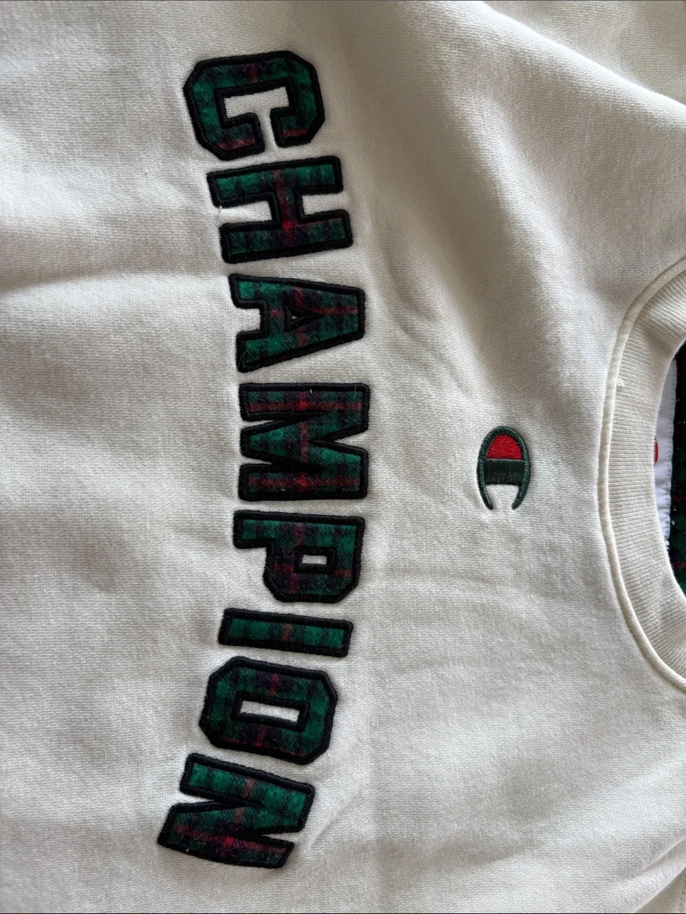 Champion White Crewneck Sweatshirt with Green & Red Embroidered Logo - Picture 3 of 3